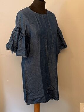 EUC STYLE ENVY Indigo Ruffle Sleeve Mini Dress Scoop Neck, Zipper Back SO CUTE!!